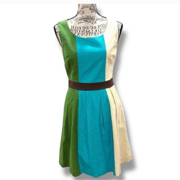 Anthropologie Tabitha size 6 Green & Blue Pleated Cotton Color-block Mini Dress - Picture 8 of 8